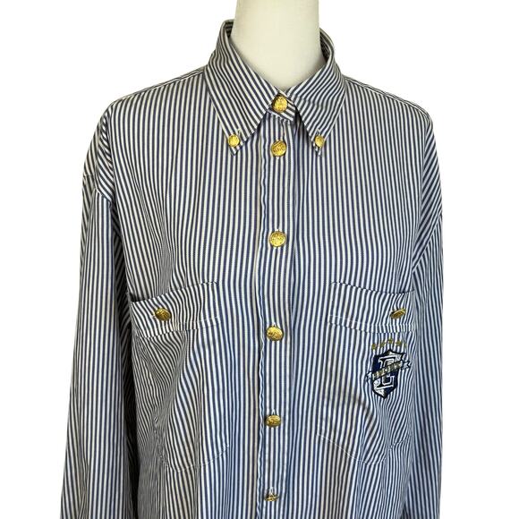 Escada Sport Vintage Blue & White Striped Long Sleeve Crested Button-up Shirt - Picture 5 of 16